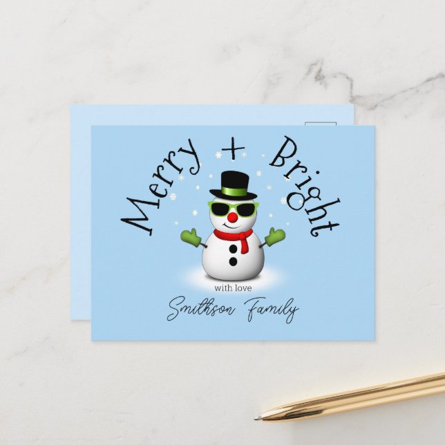 Cool Snowman Merry Bright Christmas Custom Family  Postcard (Front/Back In Situ)