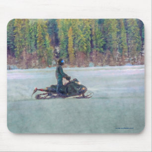 Cool Snowmobiler on Ice Lake Winter Sports Theme Mouse Pad