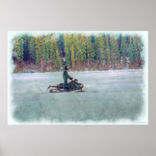 Cool Snowmobiler on Ice Lake Winter Sports Theme Poster