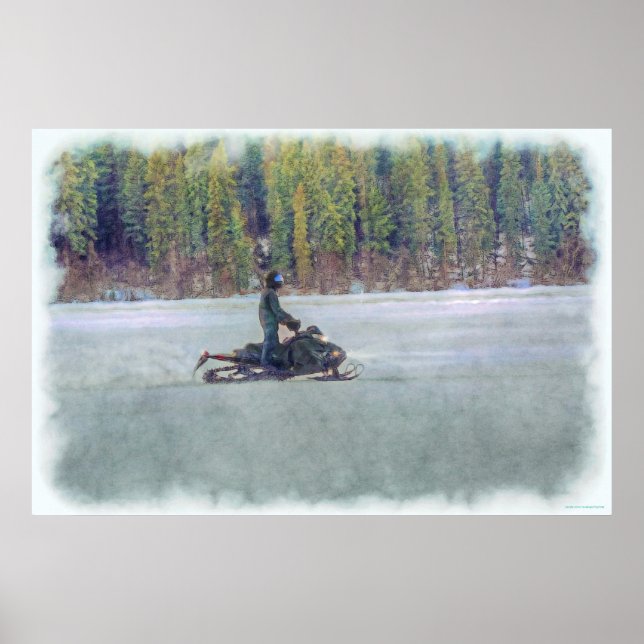 Cool Snowmobiler on Ice Lake Winter Sports Theme Poster (Front)
