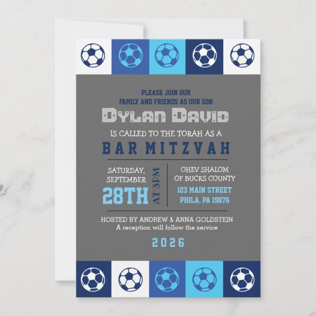 COOL SOCCER Blue Bar Bat Mitzvah Invitation (Front)