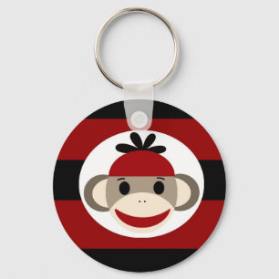 Cool Sock Monkey Beanie Hat Red Black Stripes Key Ring