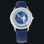 Cool Space Astronaut Boy Watch<br><div class="desc">Cool rocket ship and astronaut outer space watch for a little boy. Customise this awesome blue watch with your child's name or other text underneath the cute blue and red spaceship next to the guy floating in space.</div>