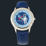 Cool Space Astronaut Boy Watch<br><div class="desc">Cool rocket ship and astronaut outer space watch for a little boy. Customise this awesome blue watch with your child's name or other text underneath the cute blue and red spaceship next to the guy floating in space.</div>