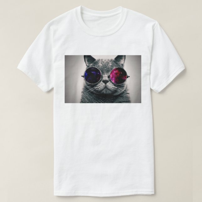 Cool Space Cat with Telescope Glasses Milky Way T-Shirt (Design Front)