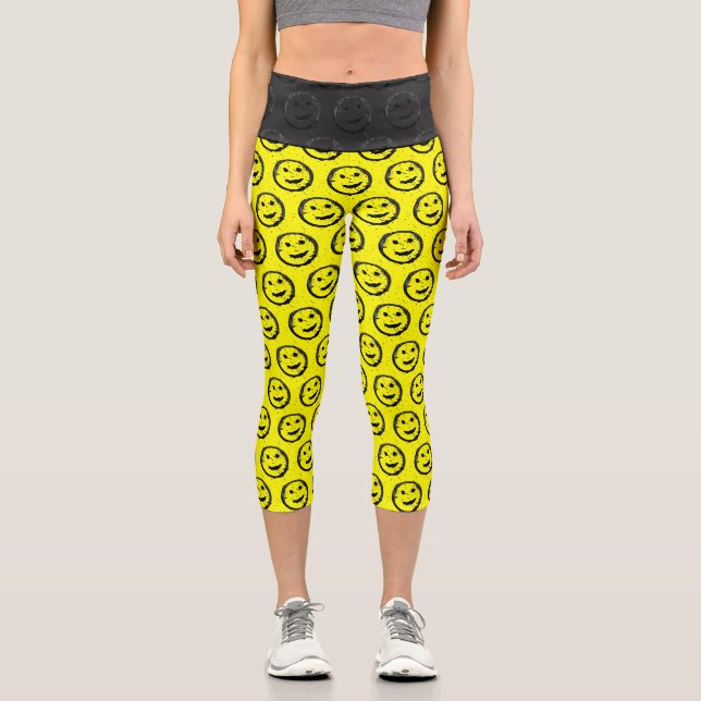 Cool Spilled Stained Happy Smiling face pattern Capri Leggings (Front)
