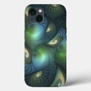 Cool Spirals Beige Green Turquoise Fractal Art iPhone 13 Case
