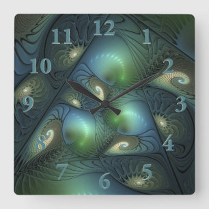 Cool Spirals Beige Green Turquoise Fractal Art Square Wall Clock