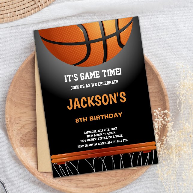 Cool Sports Party Card (Black Orange Basketball Birthday Invitations)