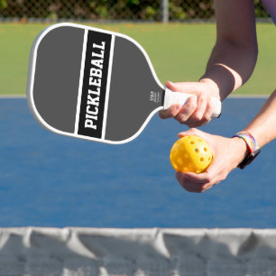 Cool Sporty Grey Black PICKLEBALL Text Stripes  Pickleball Paddle