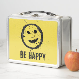 Cool Stained Happy Smiling face Custom text yellow Metal Lunch Box