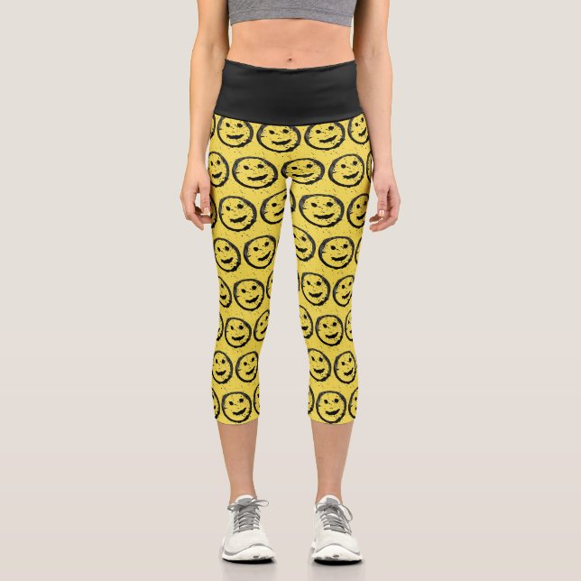 Cool Stained Happy Smiling face pattern yellow Capri Leggings (Front)