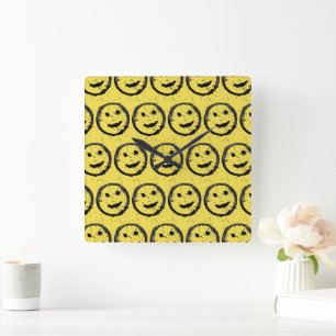 Cool Stained Happy Smiling face pattern yellow Square Wall Clock