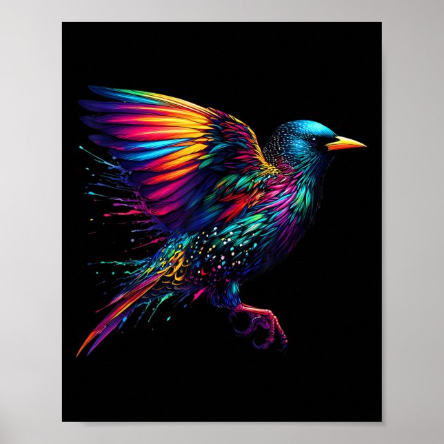 Cool Starling Bird Srit Animal Illustration Tie Dy Poster (Front)