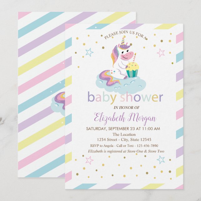 Cool Stars Unicorn Striped Baby Shower Invitation (Front/Back)