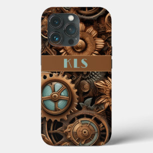 Cool Steampunk Brown & Teal Cogs & Flowers iPhone 13 Pro Case