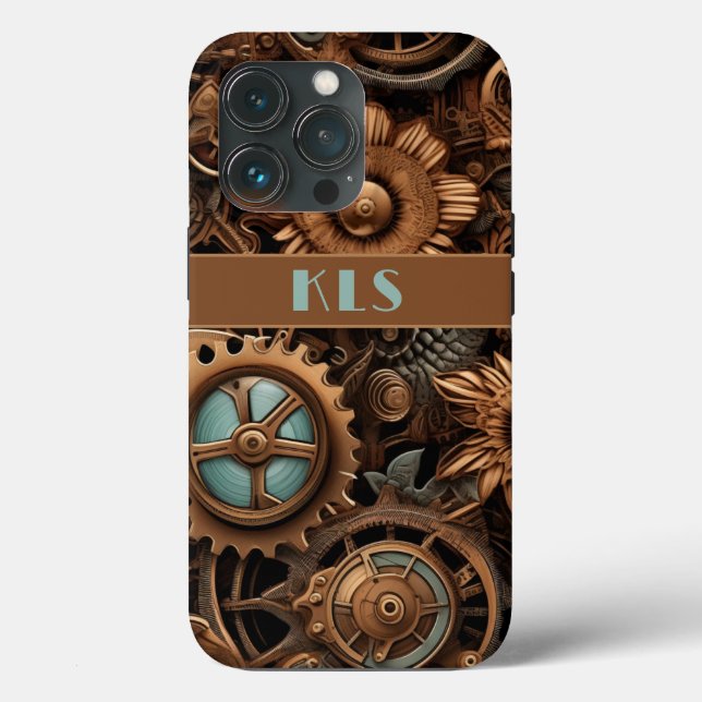 Cool Steampunk Brown & Teal Cogs & Flowers Case-Mate iPhone Case (Back)
