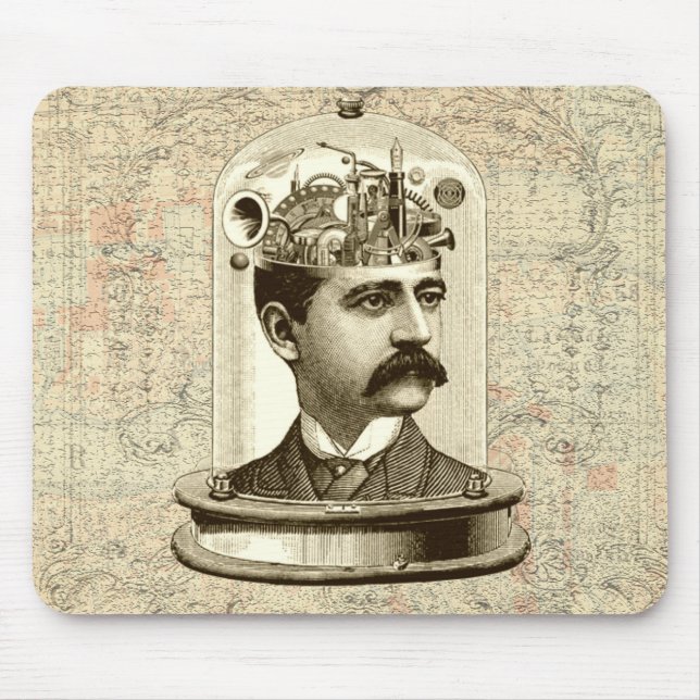 Cool Steampunk clockwork brain, head in jar art Mouse Pad (Front)