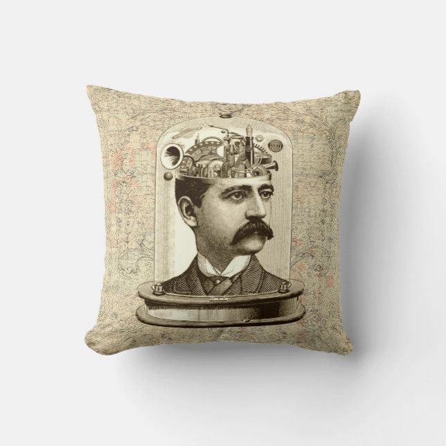 Cool Steampunk Cushion - clockwork brain head jar (Front)