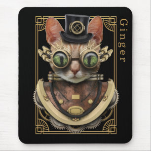 Cool Steampunk Orange Tabby Cat with Name Mouse Pad