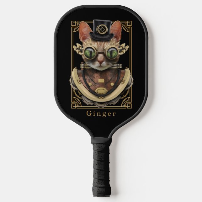 Cool Steampunk Orange Tabby Cat with Name Pickleball Paddle (Front)