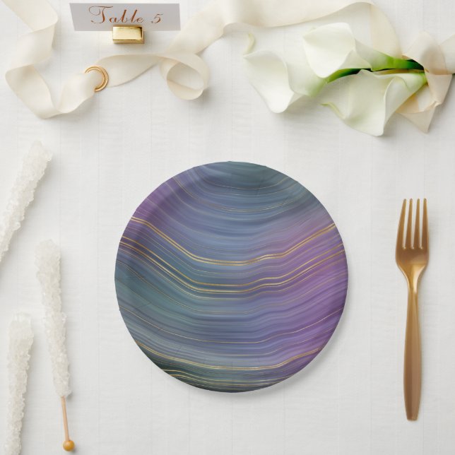 Cool Strata | Beautiful Blue Purple and Gold Agate Paper Plate (Wedding)