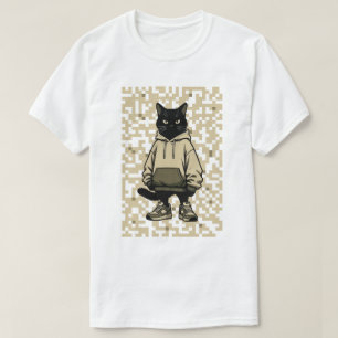 Cool Streetwear Black Cat in Hoodie: Pixelated Urb T-Shirt