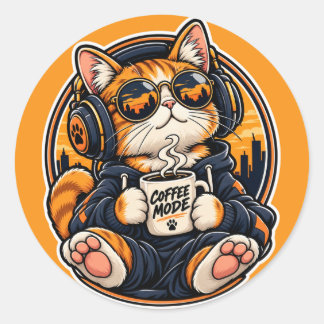 Cool Streetwear Cat Drinking Coffee Classic Round Sticker