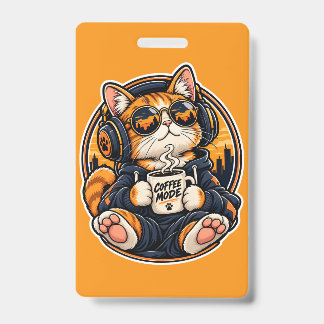 Cool Streetwear Cat Drinking Coffee ID Badge