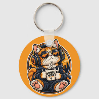Cool Streetwear Cat Drinking Coffee Key Ring