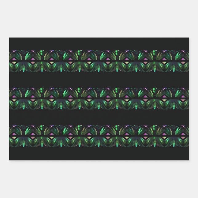 Cool Striped Peacock Crystal Black Green Pattern Wrapping Paper Sheet (Front)