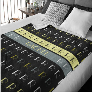 Cool Striped Replicated Monogram on black Fleece Blanket