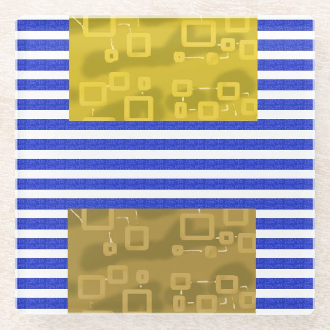 Cool Stripes Blue Gold Geometric  Glass Coaster (Front)