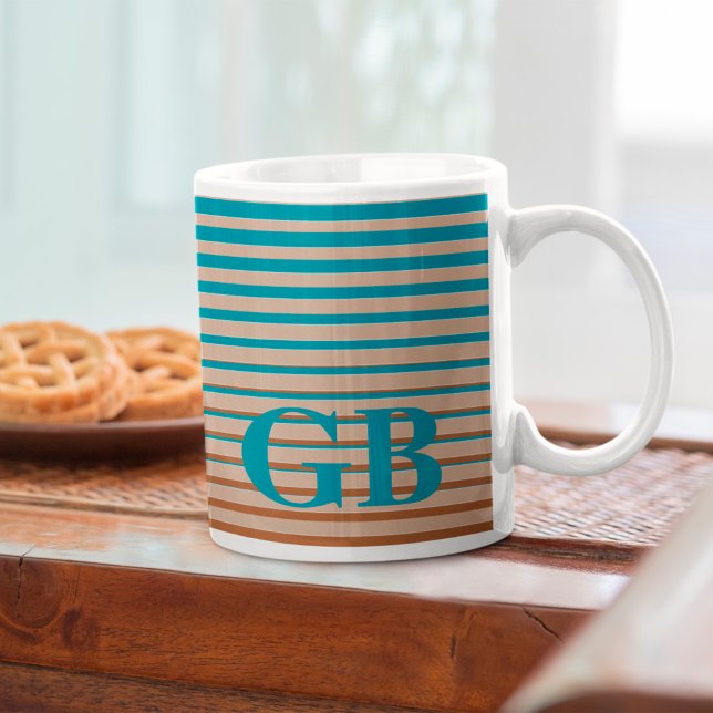 Cool Stripes Brown & Blue Monogrammed Coffee Mug (Creator Uploaded)