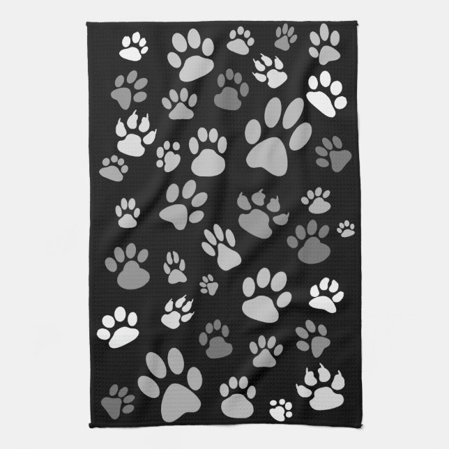 Cool Stylish Black & White Scattered Paw Prints Tea Towel (Vertical)