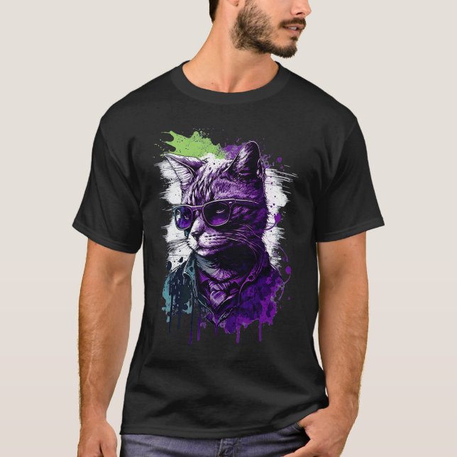 Cool Subtle Asexual Pride Cat Art Ace Pride Cat T-Shirt (Front)