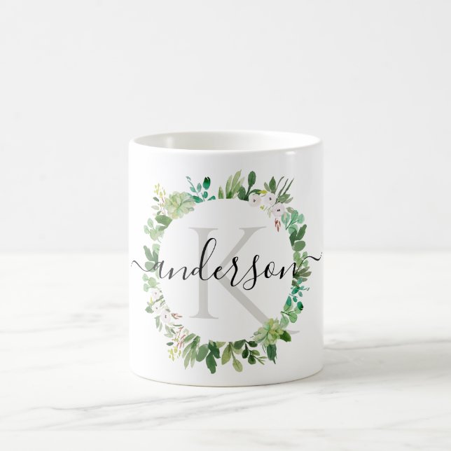 COOL SUCCULENT WREATH FOLIAGE WATERCOLOR MONOGRAM COFFEE MUG (Center)