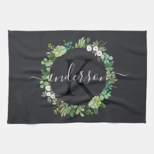 COOL SUCCULENT WREATH FOLIAGE WATERCOLOR MONOGRAM TEA TOWEL