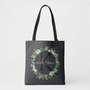 COOL SUCCULENT WREATH FOLIAGE WATERCOLOR MONOGRAM TOTE BAG