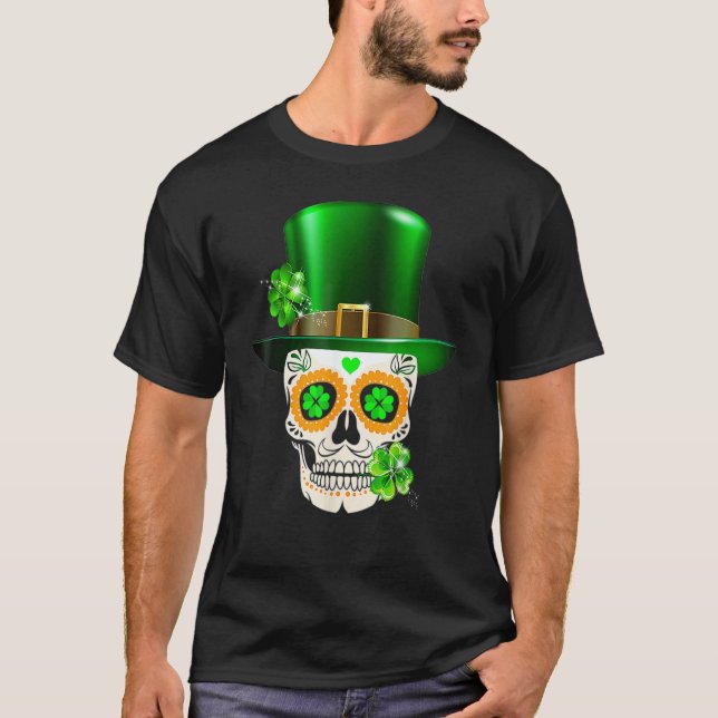 Cool Sugar Skull St Patrick's Day Shamrock Irish L T-Shirt (Front)
