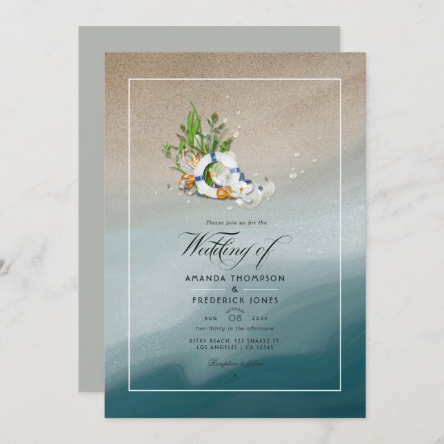 Cool Summer Beach Wedding Photo Invitation (Front/Back)