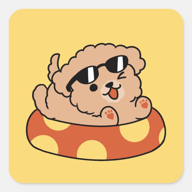 Cool Summer Dog Floating – Cute Puppy Pool Party Square Sticker (Front)