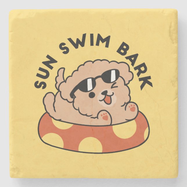 Cool Summer Dog Floating – Cute Puppy Pool Party Stone Coaster (Front)