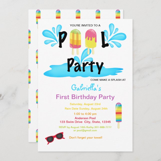 Cool Summer Sun Splash Pool Party First Birthday Invitation (Front/Back)
