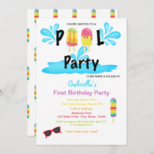 Cool Summer Sun Splash Pool Party First Birthday Invitation