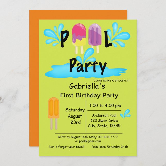 Cool Summer Sun Splash Pool Party First Birthday Invitation (Front/Back)