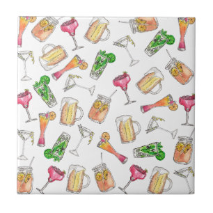 Cool Summer Watercolor Painted Mixed Drinks Patter Tile