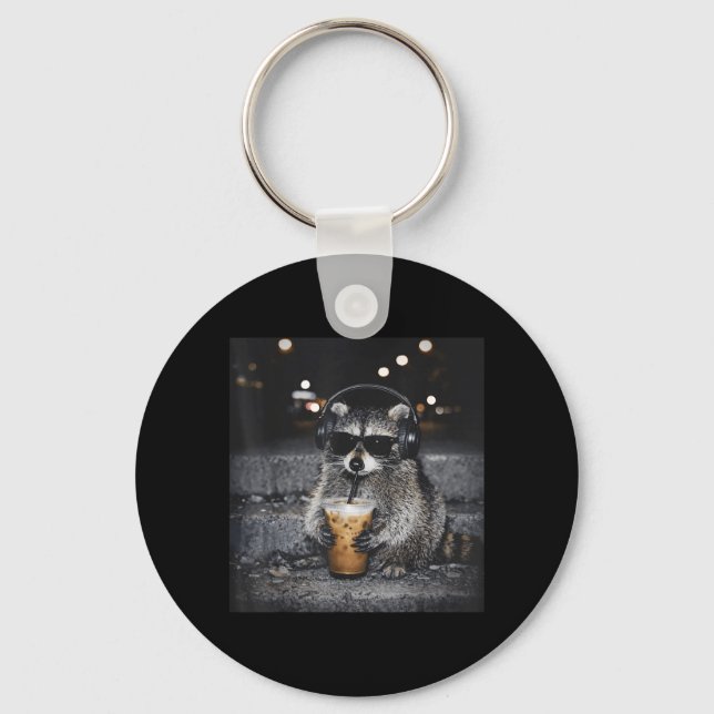 Cool Sunglasses Racoon Drinking Iced Coffee Key Ring (Front)