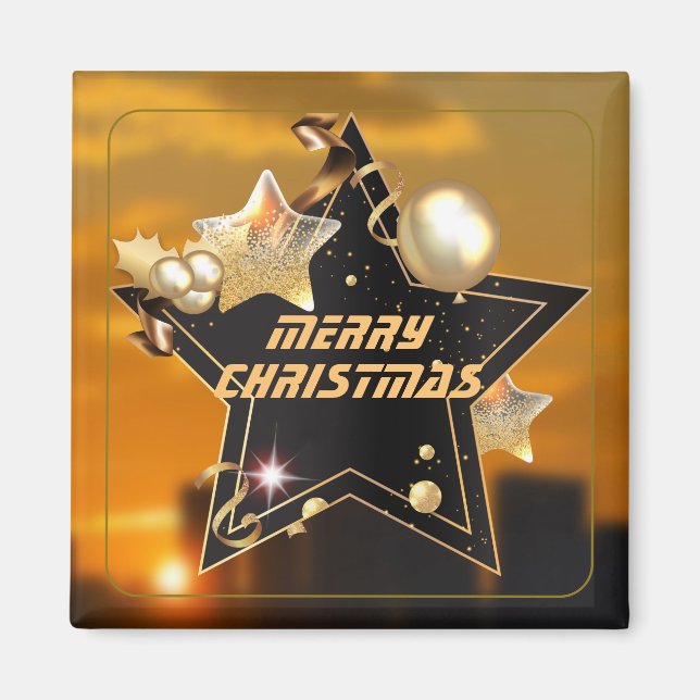 Cool Sunrise Gold Black Metallic Stars Merry Xmas Magnet (Front)