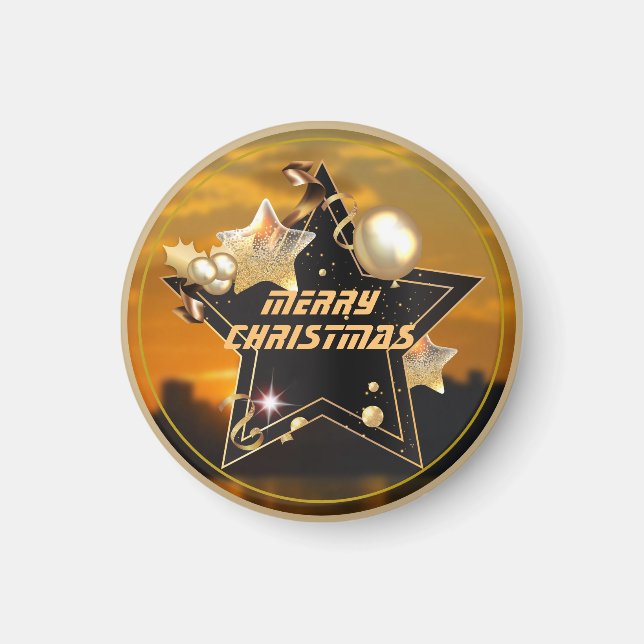 Cool Sunrise Gold Black Metallic Stars Merry Xmas Magnet (Front)